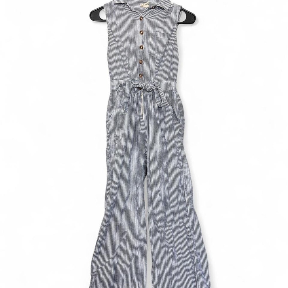 Blue and white striped button up jumpsuit with tie waist size small S